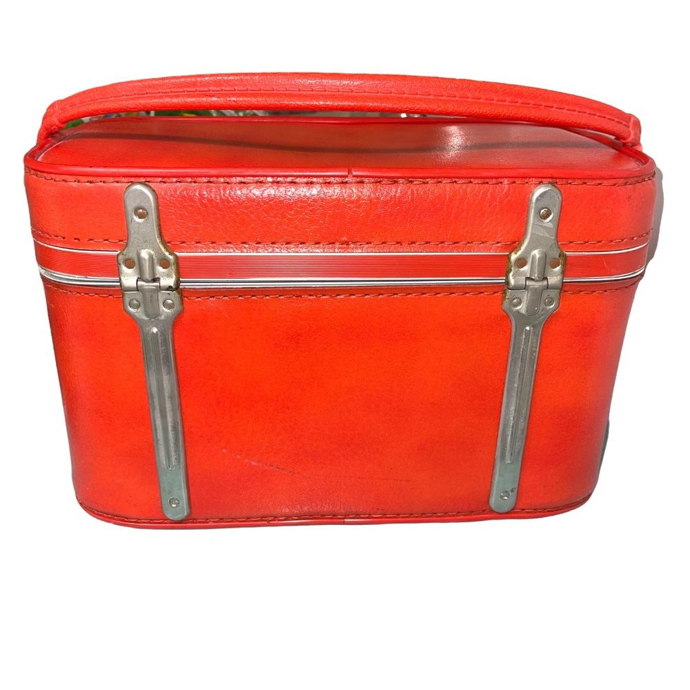 Amelia Earhart Train Case Luggage Orange Vinyl Vintage Handle Metal Hardware - Picture 4 of 12